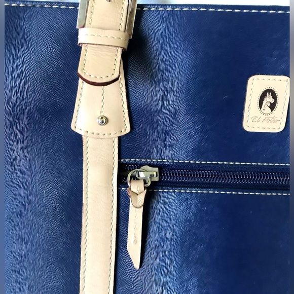 El Potro Tote Leather Blue Shoulder Bag Shopper Zipper Studs Double Handle - Picture 14 of 15